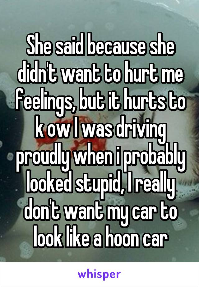 She said because she didn't want to hurt me feelings, but it hurts to k ow I was driving proudly when i probably looked stupid, I really don't want my car to look like a hoon car