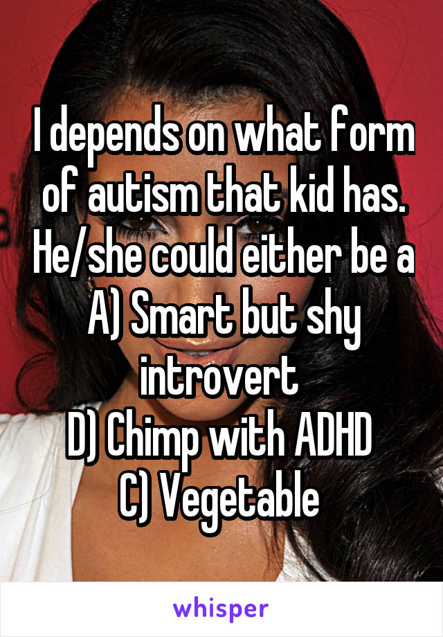 I depends on what form of autism that kid has. He/she could either be a
A) Smart but shy introvert 
D) Chimp with ADHD 
C) Vegetable 
