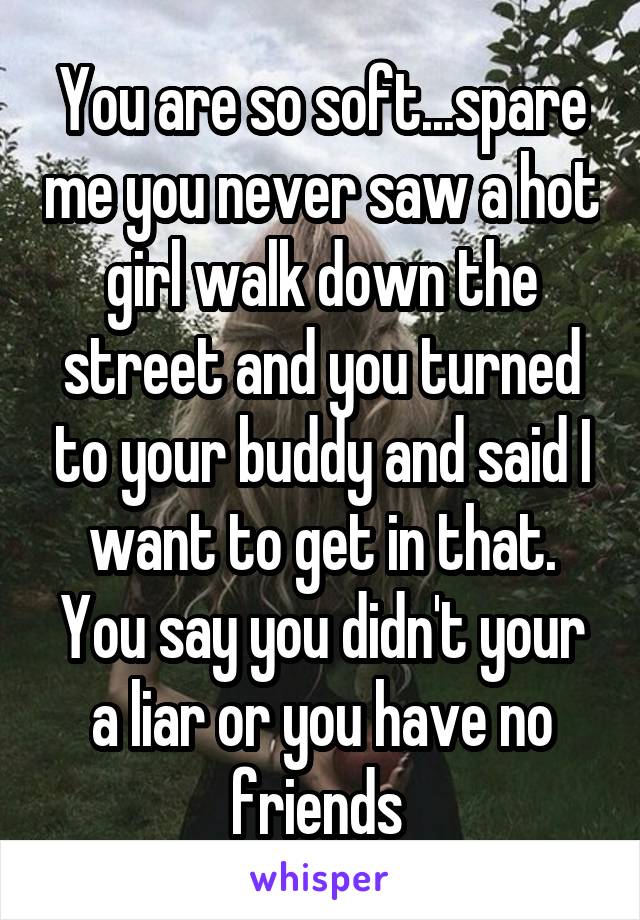 You are so soft...spare me you never saw a hot girl walk down the street and you turned to your buddy and said I want to get in that. You say you didn't your a liar or you have no friends 