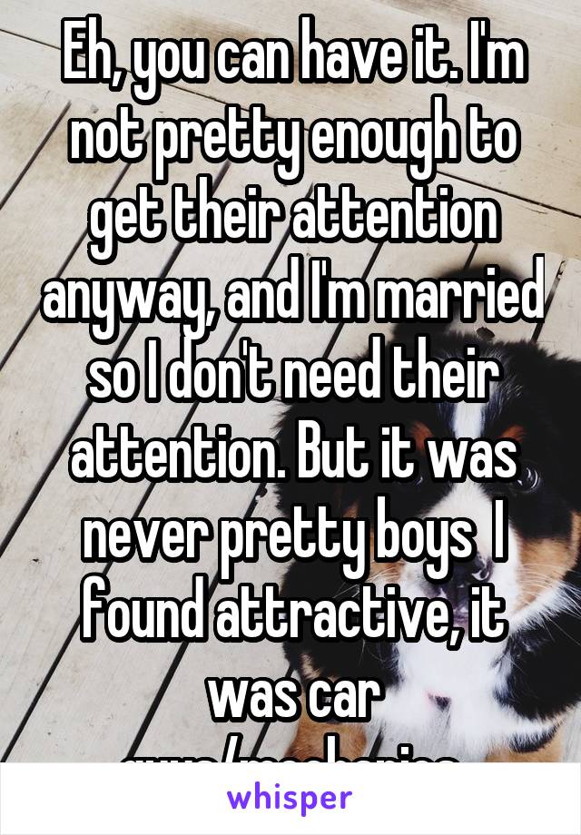 Eh, you can have it. I'm not pretty enough to get their attention anyway, and I'm married so I don't need their attention. But it was never pretty boys  I found attractive, it was car guys/mechanics.