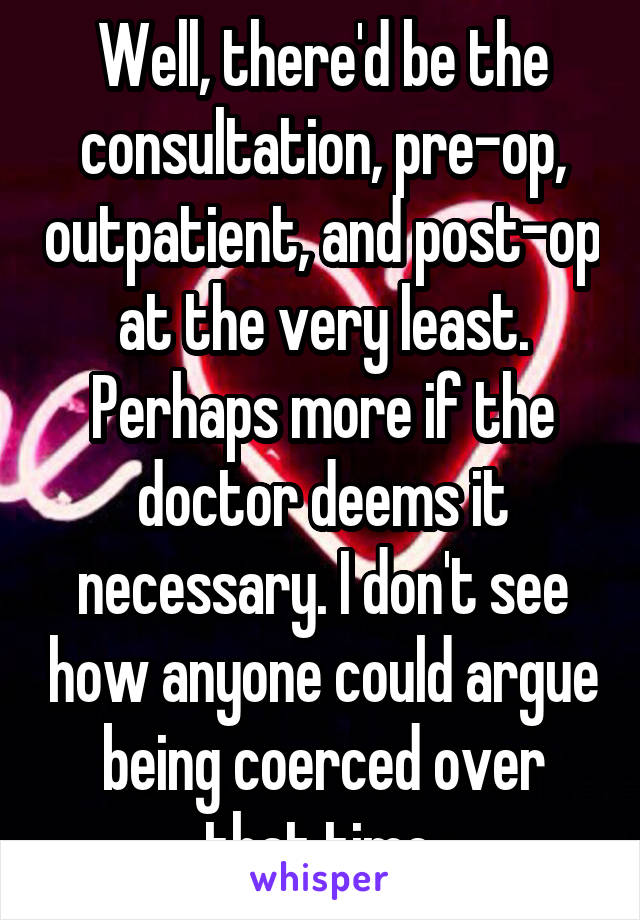 Well, there'd be the consultation, pre-op, outpatient, and post-op at the very least. Perhaps more if the doctor deems it necessary. I don't see how anyone could argue being coerced over that time.