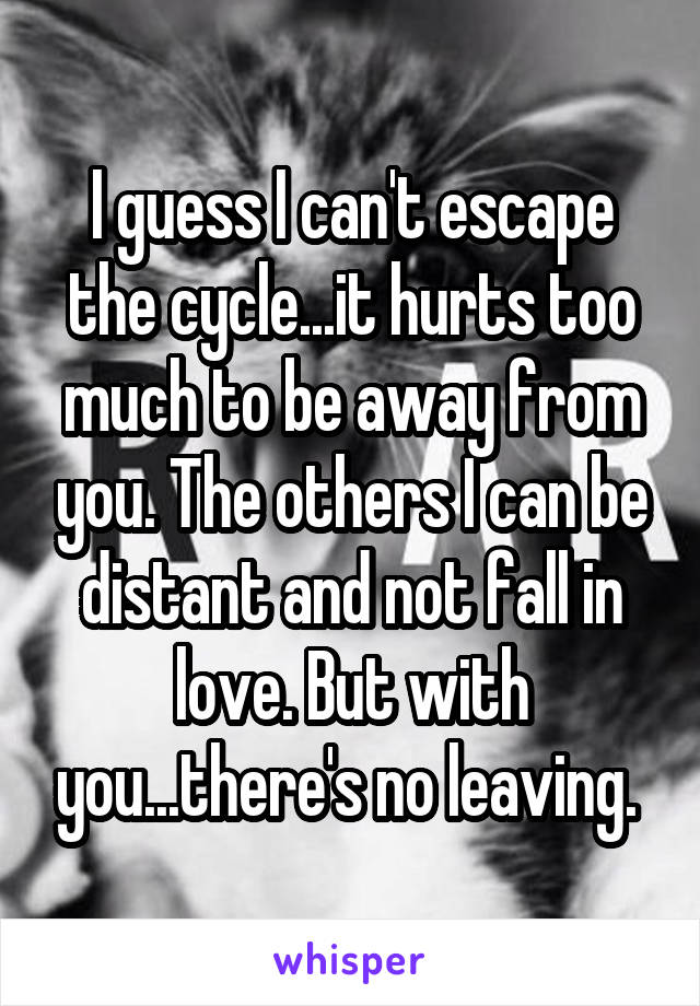 I guess I can't escape the cycle...it hurts too much to be away from you. The others I can be distant and not fall in love. But with you...there's no leaving. 