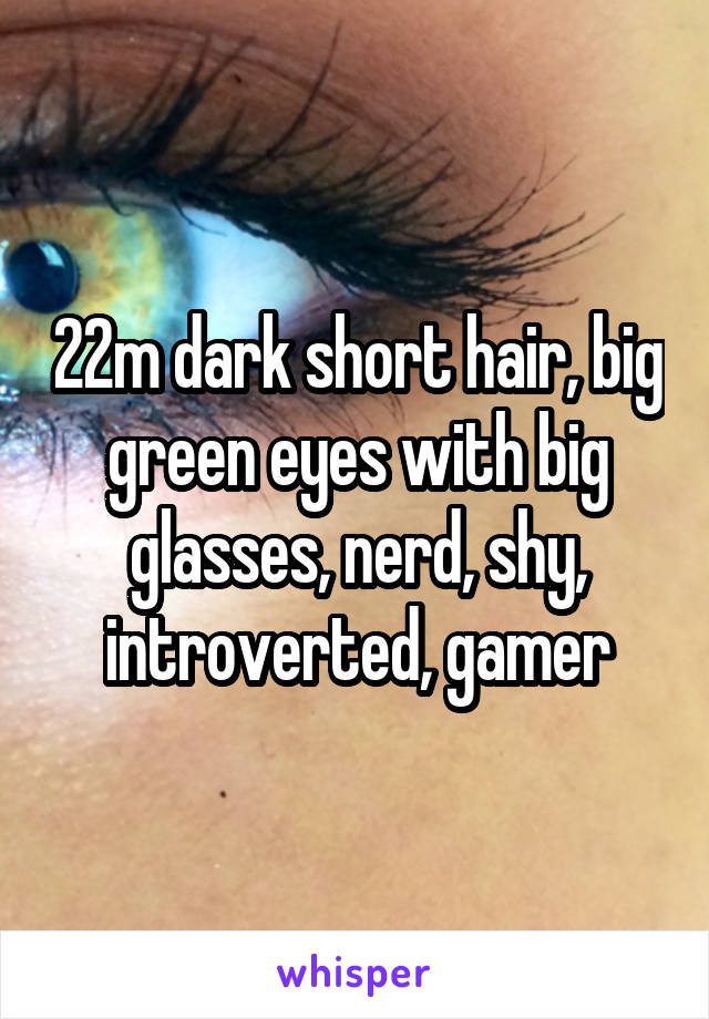 22m dark short hair, big green eyes with big glasses, nerd, shy, introverted, gamer