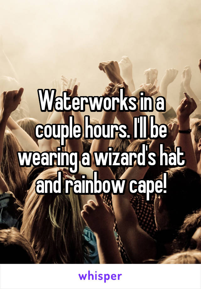 Waterworks in a couple hours. I'll be wearing a wizard's hat and rainbow cape!