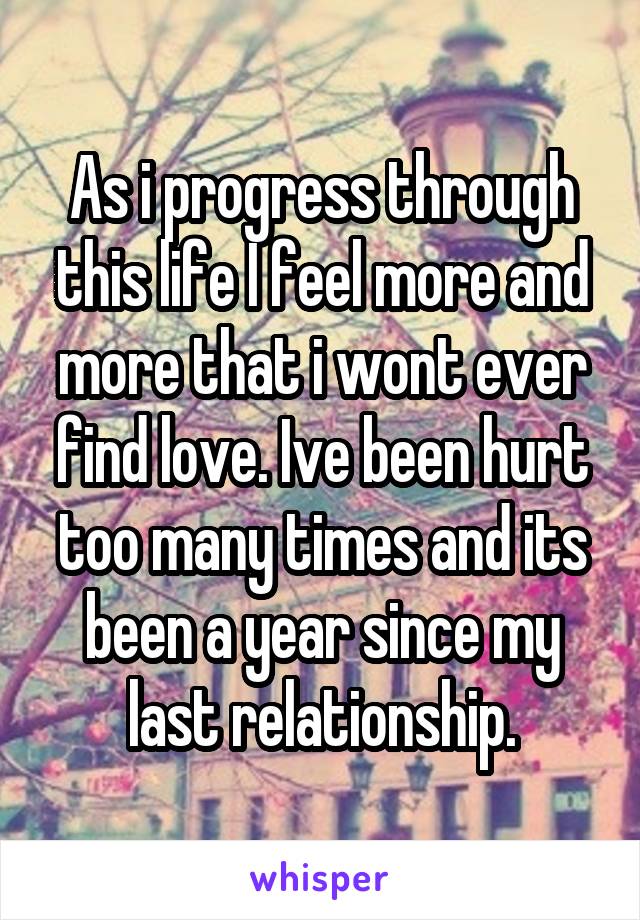 As i progress through this life I feel more and more that i wont ever find love. Ive been hurt too many times and its been a year since my last relationship.