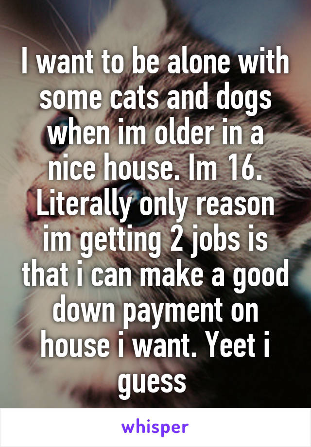 I want to be alone with some cats and dogs when im older in a nice house. Im 16. Literally only reason im getting 2 jobs is that i can make a good down payment on house i want. Yeet i guess 