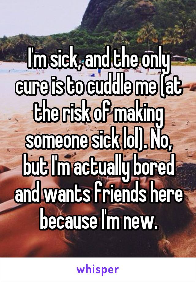 I'm sick, and the only cure is to cuddle me (at the risk of making someone sick lol). No, but I'm actually bored and wants friends here because I'm new.