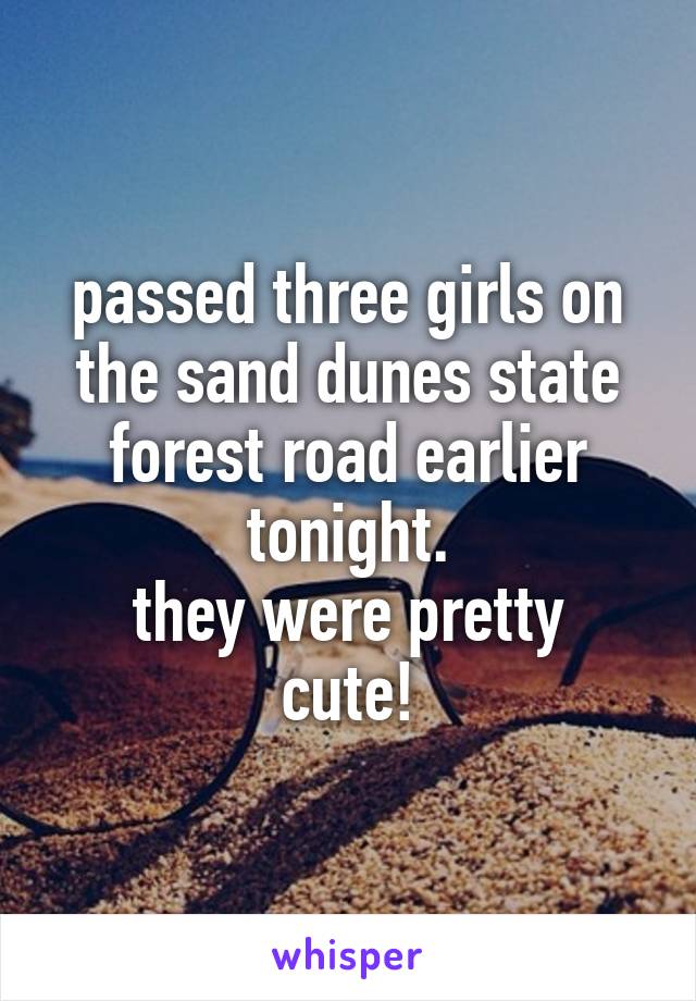passed three girls on the sand dunes state forest road earlier tonight.
they were pretty cute!