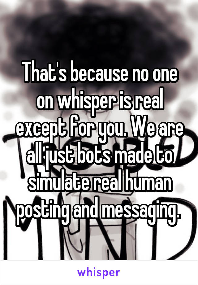 That's because no one on whisper is real except for you. We are all just bots made to simulate real human posting and messaging. 