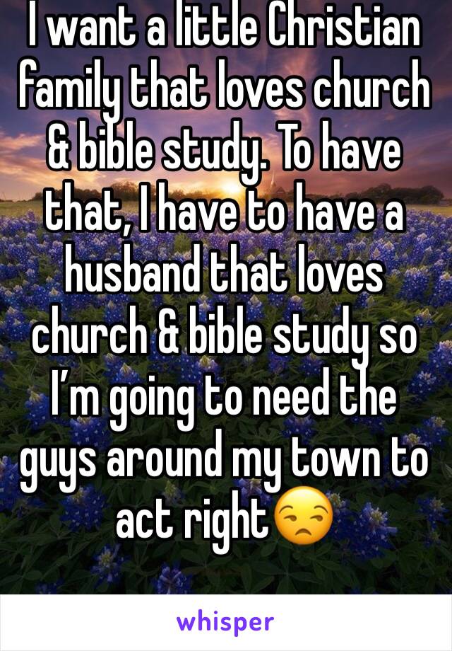 I want a little Christian family that loves church & bible study. To have that, I have to have a husband that loves church & bible study so I’m going to need the guys around my town to act right😒