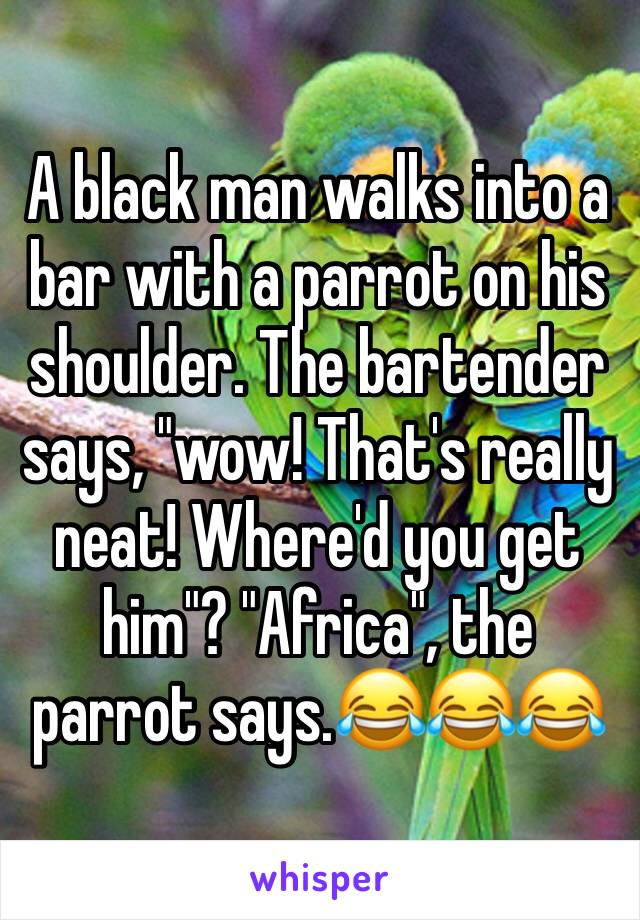 A black man walks into a bar with a parrot on his shoulder. The bartender says, "wow! That's really neat! Where'd you get him"? "Africa", the parrot says.😂😂😂