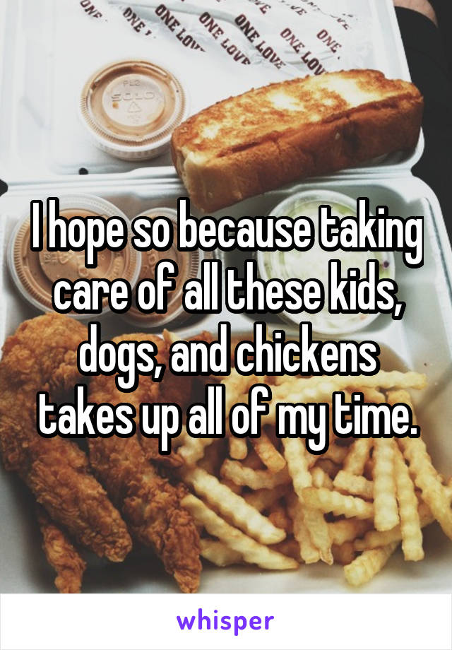 I hope so because taking care of all these kids, dogs, and chickens takes up all of my time.