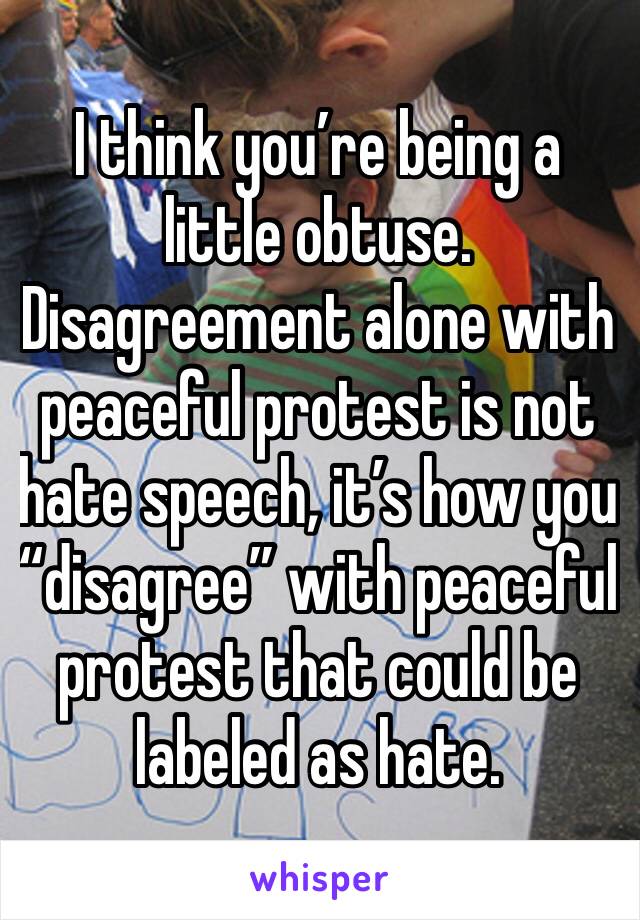 I think you’re being a little obtuse. Disagreement alone with peaceful protest is not hate speech, it’s how you “disagree” with peaceful protest that could be labeled as hate. 
