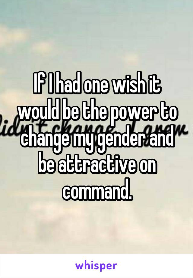 If I had one wish it would be the power to change my gender and be attractive on command.