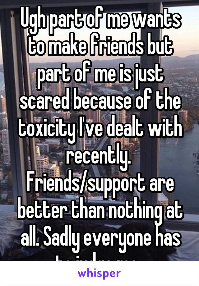 Ugh part of me wants to make friends but part of me is just scared because of the toxicity I've dealt with recently. 
Friends/support are better than nothing at all. Sadly everyone has to judge me. 