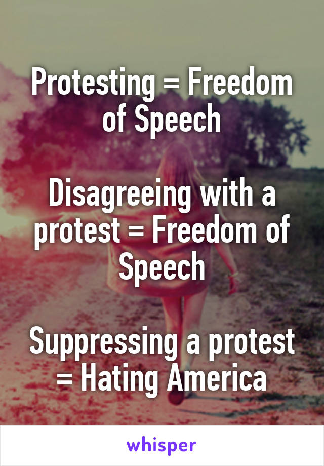 Protesting = Freedom of Speech

Disagreeing with a protest = Freedom of Speech

Suppressing a protest = Hating America