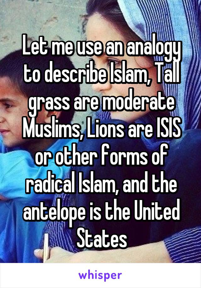 Let me use an analogy to describe Islam, Tall grass are moderate Muslims, Lions are ISIS or other forms of radical Islam, and the antelope is the United States