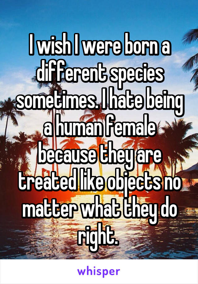 I wish I were born a different species sometimes. I hate being a human female because they are treated like objects no matter what they do right. 