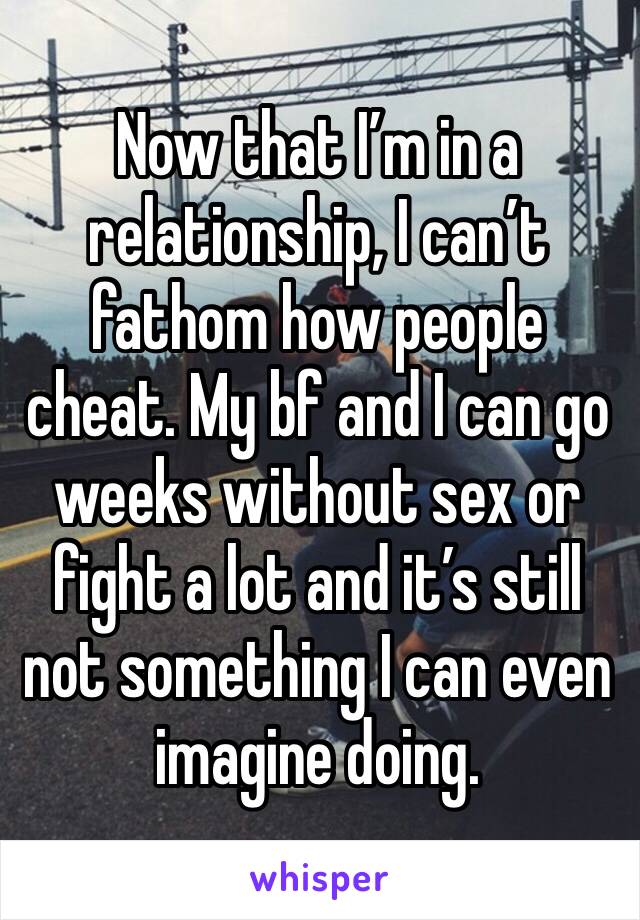 Now that I’m in a relationship, I can’t fathom how people cheat. My bf and I can go weeks without sex or fight a lot and it’s still not something I can even imagine doing.