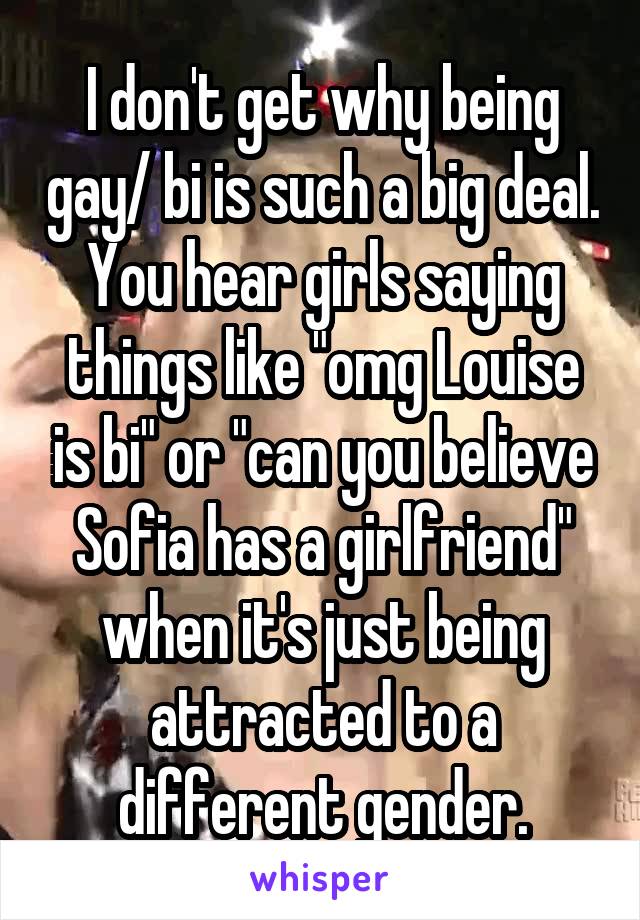 I don't get why being gay/ bi is such a big deal. You hear girls saying things like "omg Louise is bi" or "can you believe Sofia has a girlfriend" when it's just being attracted to a different gender.