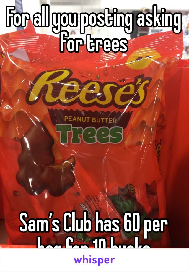 For all you posting asking for trees






Sam’s Club has 60 per bag for 10 bucks