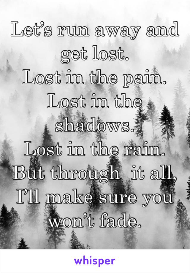Let’s run away and get lost.
Lost in the pain. 
Lost in the shadows.
Lost in the rain.
But through  it all, I’ll make sure you won’t fade.