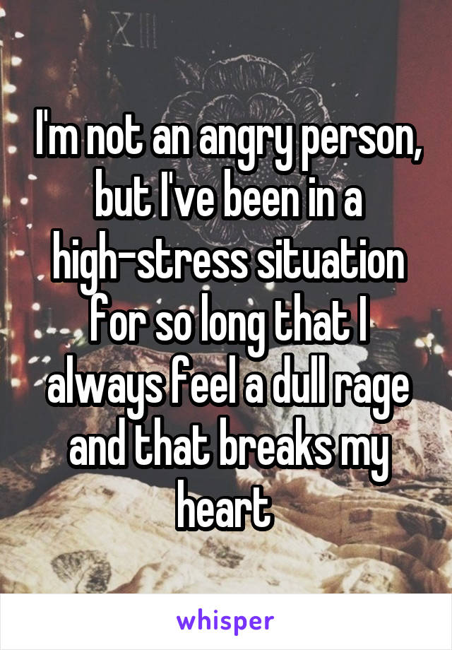 I'm not an angry person, but I've been in a high-stress situation for so long that I always feel a dull rage and that breaks my heart 
