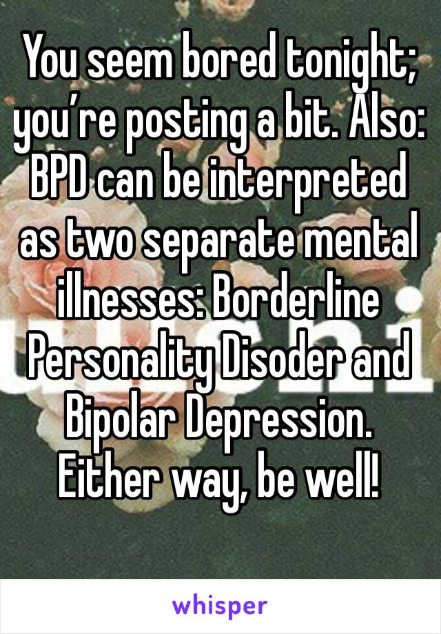 You seem bored tonight; you’re posting a bit. Also: BPD can be interpreted as two separate mental illnesses: Borderline Personality Disoder and Bipolar Depression. Either way, be well!