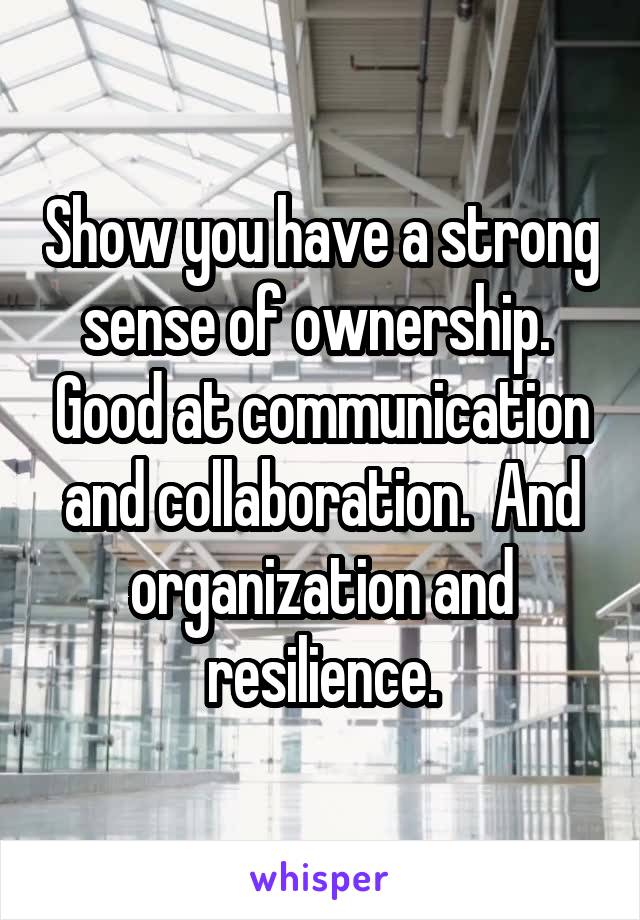 Show you have a strong sense of ownership.  Good at communication and collaboration.  And organization and resilience.