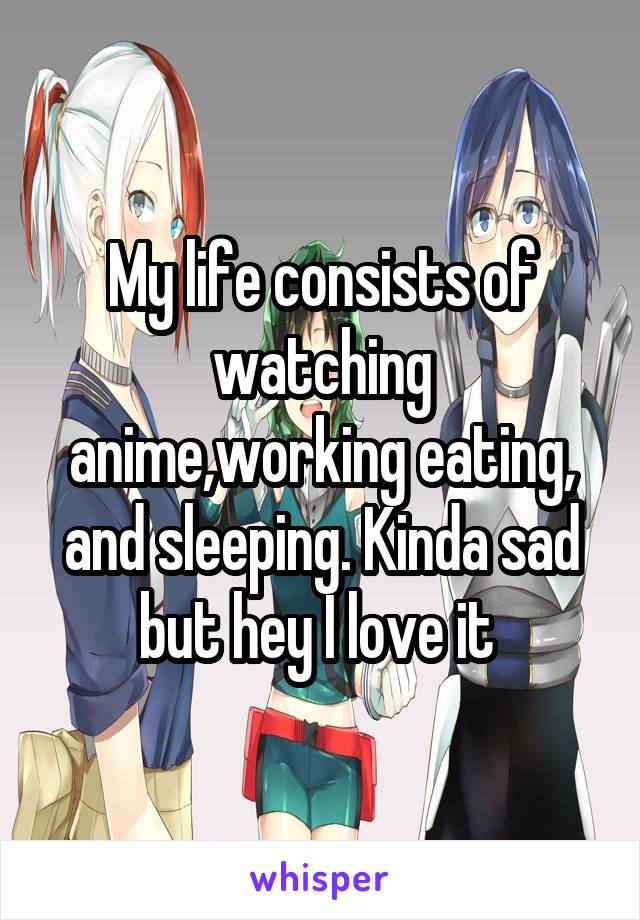 My life consists of watching anime,working eating, and sleeping. Kinda sad but hey I love it 