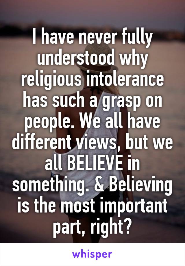 I have never fully understood why religious intolerance has such a grasp on people. We all have different views, but we all BELIEVE in something. & Believing is the most important part, right?