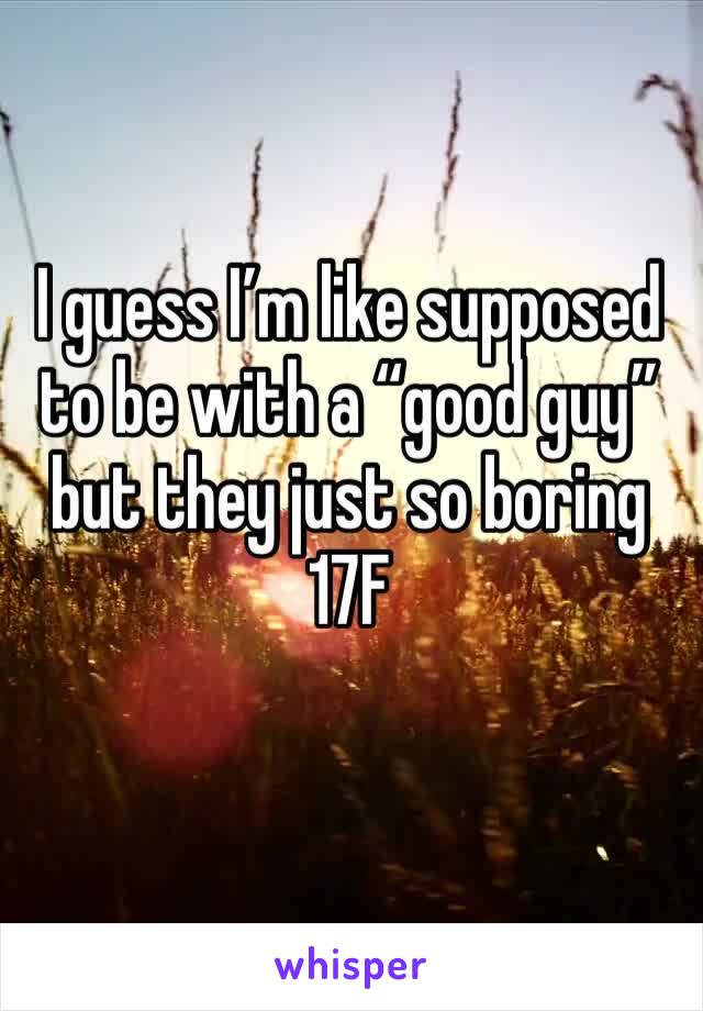 I guess I’m like supposed to be with a “good guy” but they just so boring 
17F 