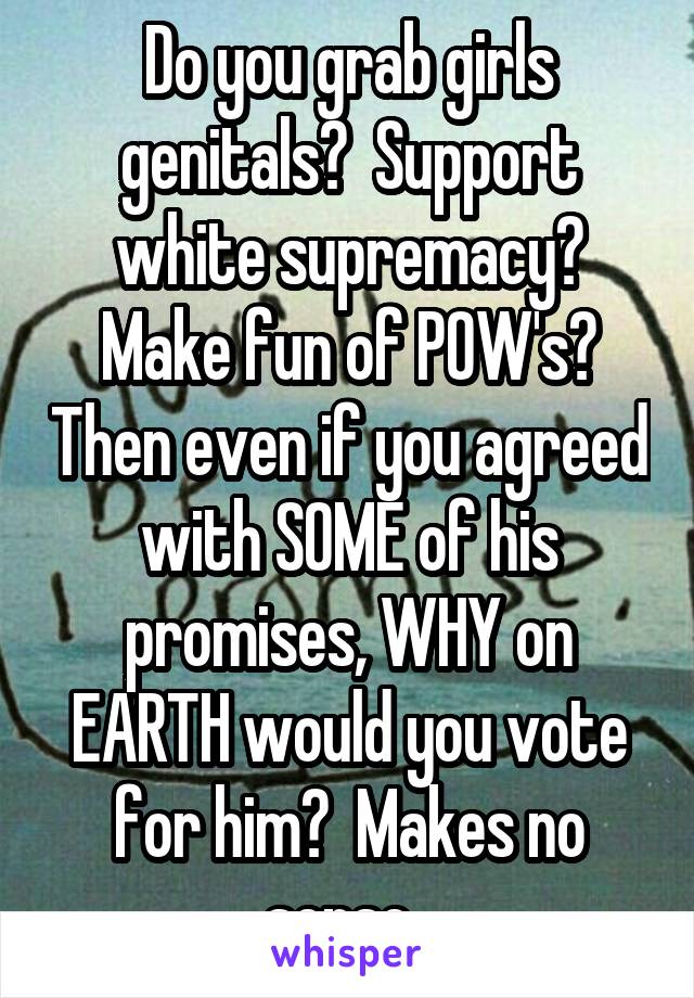 Do you grab girls genitals?  Support white supremacy? Make fun of POW's? Then even if you agreed with SOME of his promises, WHY on EARTH would you vote for him?  Makes no sense. 