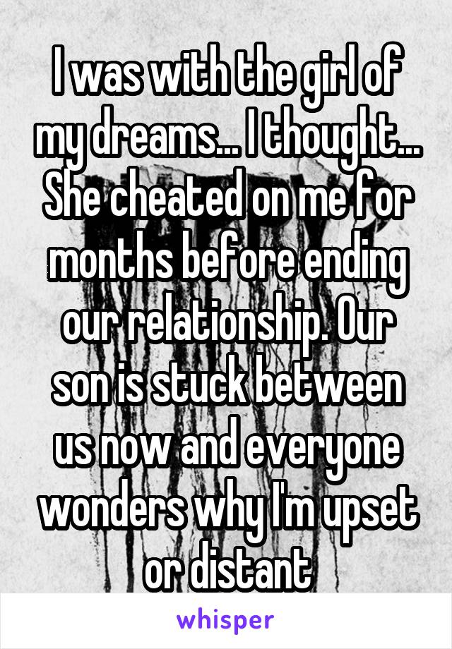 I was with the girl of my dreams... I thought... She cheated on me for months before ending our relationship. Our son is stuck between us now and everyone wonders why I'm upset or distant