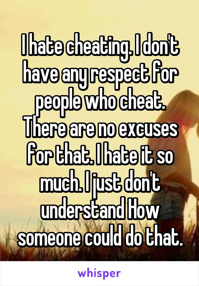 I hate cheating. I don't have any respect for people who cheat. There are no excuses for that. I hate it so much. I just don't understand How someone could do that.