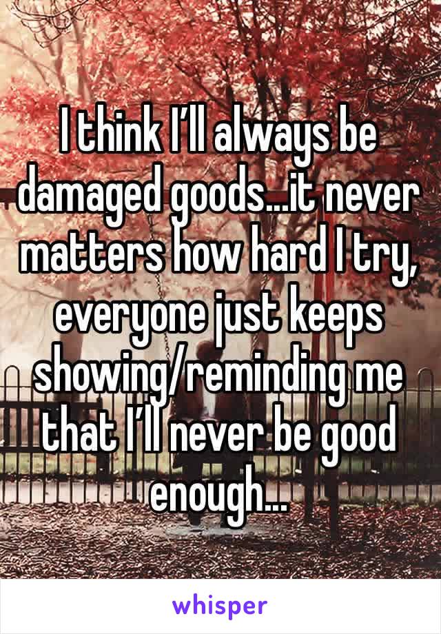 I think I’ll always be damaged goods...it never matters how hard I try, everyone just keeps showing/reminding me that I’ll never be good enough...