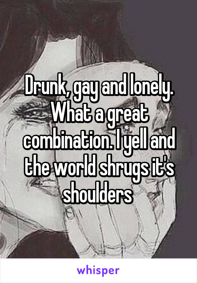 Drunk, gay and lonely. What a great combination. I yell and the world shrugs it's shoulders 