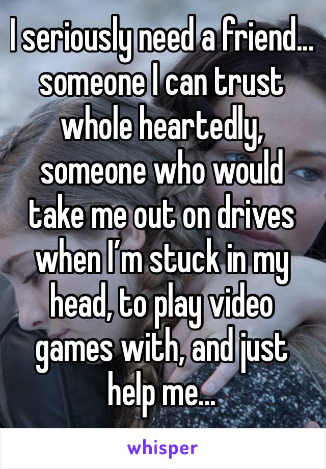 I seriously need a friend... someone I can trust whole heartedly, someone who would take me out on drives when I’m stuck in my head, to play video games with, and just help me... 