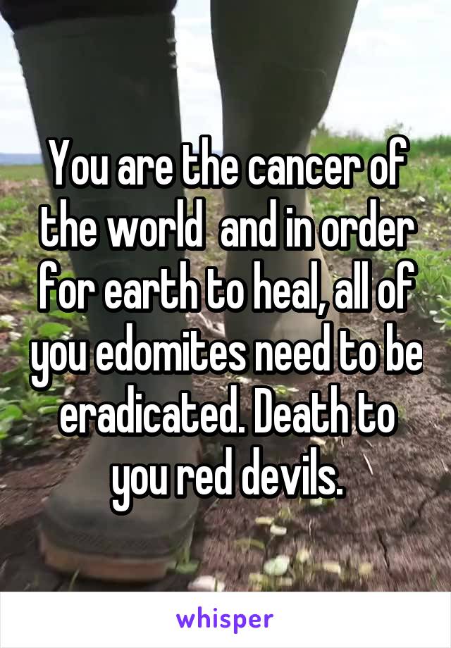 You are the cancer of the world  and in order for earth to heal, all of you edomites need to be eradicated. Death to you red devils.