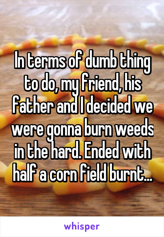 In terms of dumb thing to do, my friend, his father and I decided we were gonna burn weeds in the hard. Ended with half a corn field burnt...