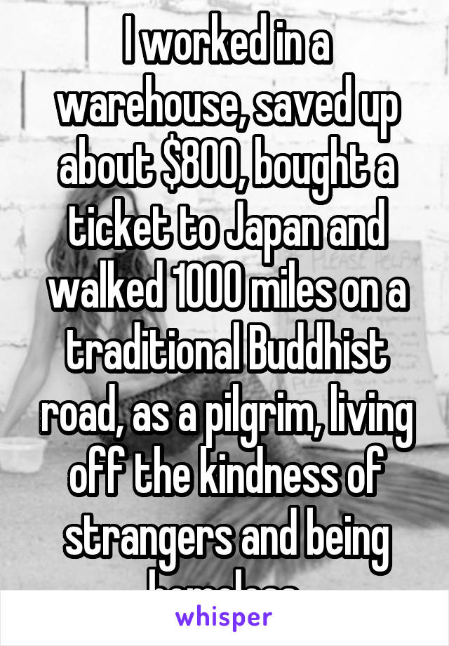 I worked in a warehouse, saved up about $800, bought a ticket to Japan and walked 1000 miles on a traditional Buddhist road, as a pilgrim, living off the kindness of strangers and being homeless.