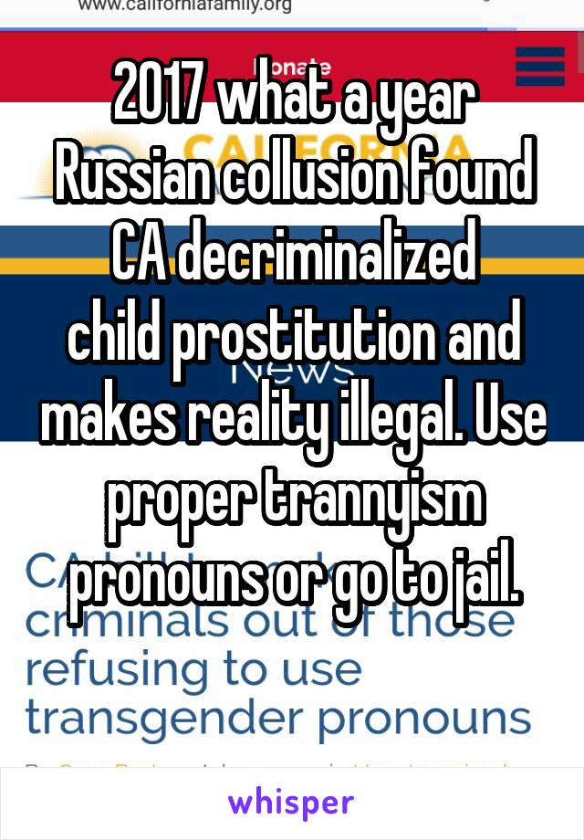 2017 what a year
Russian collusion found
CA decriminalized
child prostitution and makes reality illegal. Use proper trannyism pronouns or go to jail.

