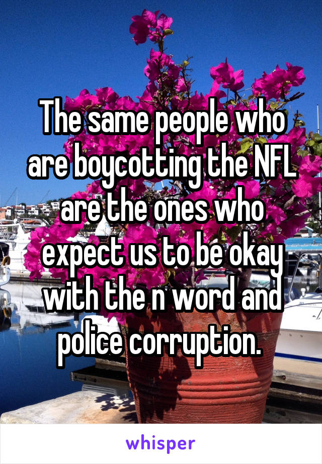 The same people who are boycotting the NFL are the ones who expect us to be okay with the n word and police corruption. 