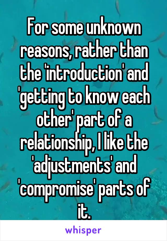 For some unknown reasons, rather than the 'introduction' and 'getting to know each other' part of a relationship, I like the 'adjustments' and 'compromise' parts of it.