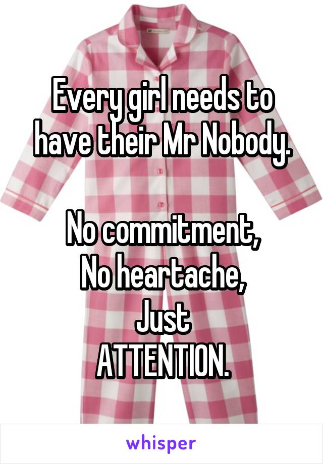 Every girl needs to have their Mr Nobody.

No commitment,
No heartache,
Just
ATTENTION.