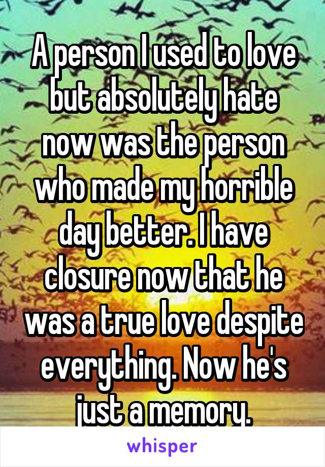 A person I used to love but absolutely hate now was the person who made my horrible day better. I have closure now that he was a true love despite everything. Now he's just a memory.