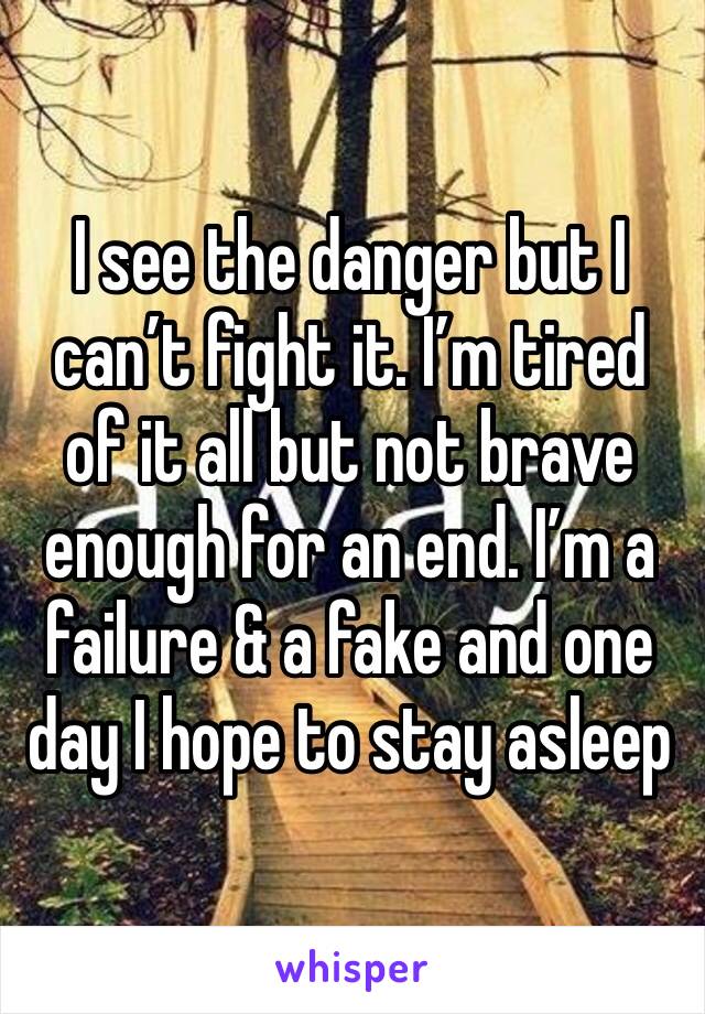 I see the danger but I can’t fight it. I’m tired of it all but not brave enough for an end. I’m a failure & a fake and one day I hope to stay asleep 