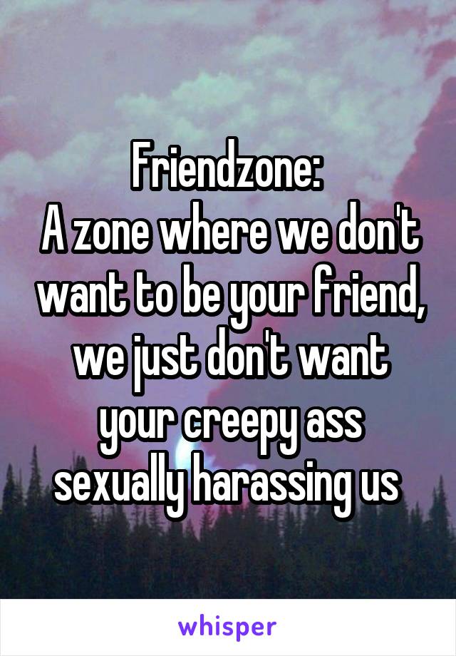 Friendzone: 
A zone where we don't want to be your friend, we just don't want your creepy ass sexually harassing us 