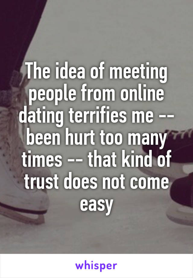 The idea of meeting people from online dating terrifies me -- been hurt too many times -- that kind of trust does not come easy
