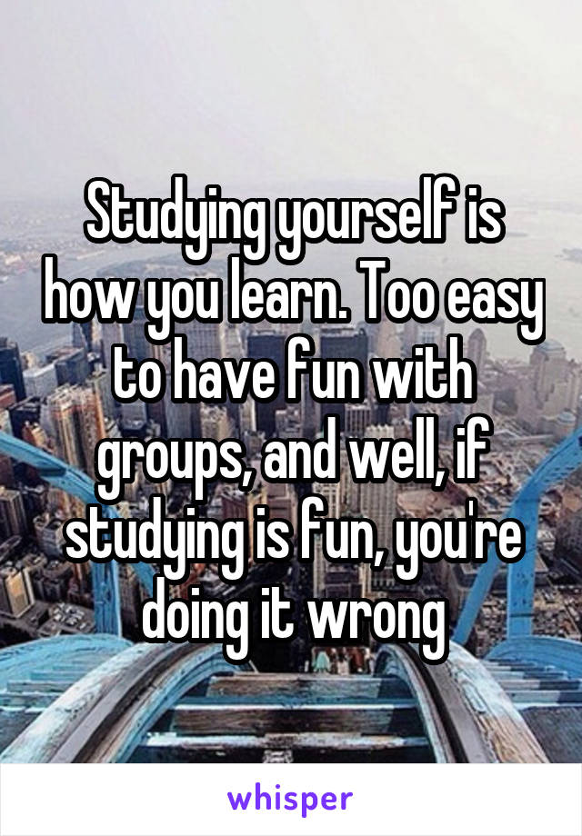 Studying yourself is how you learn. Too easy to have fun with groups, and well, if studying is fun, you're doing it wrong